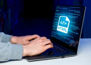 html writing by html developer in a laptop in compact way