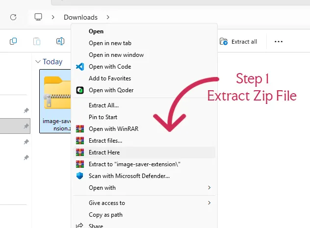 Save Image As Extension 10 step 1 extract zip file